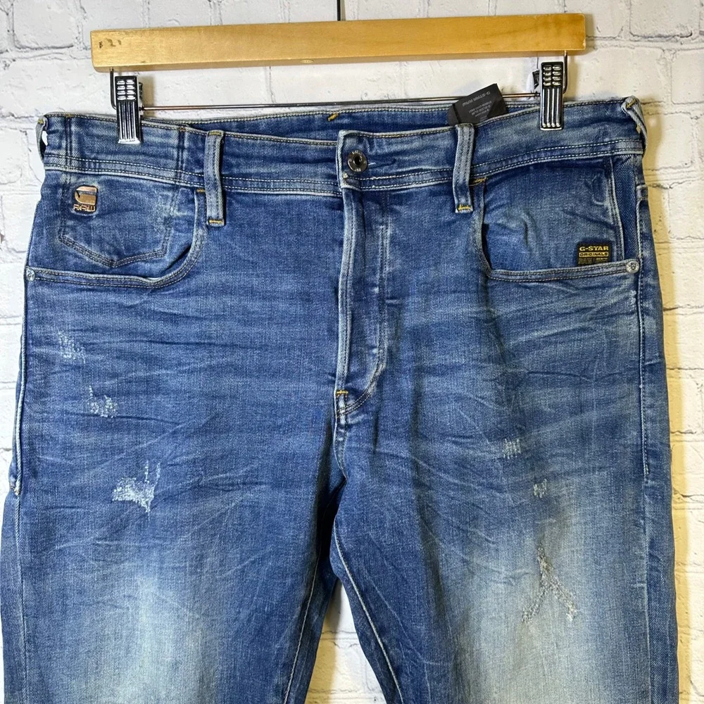 G-Star Raw 3301 Slim‎ Jeans Mens 35 Blue Medium Wash Distressed Denim Button Fly